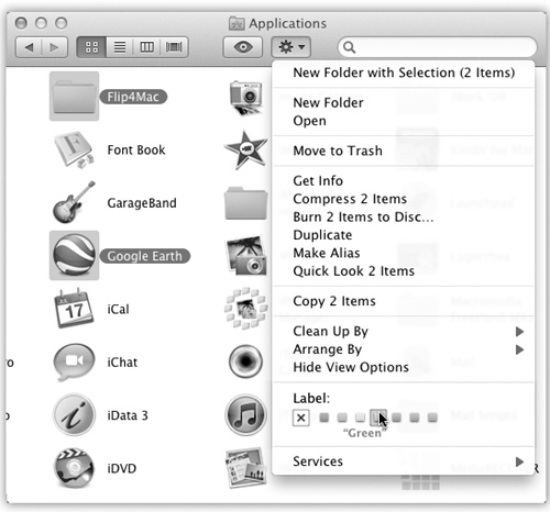 Use the File menu, menu, or shortcut menu to apply label tags to highlighted icons. You can even apply a label within an icon’s Get Info dialog box.Instantly, the icon’s name takes on the selected shade. In a list or column view, the entire row takes on that shade, as shown in Figure 3-7. (If you choose the little X, you remove any labels you may have applied.)