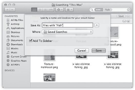 OS X can preserve your search as a smart folder listed in the Sidebar (lower left)—at least, it does as long as Add to Sidebar is turned on. You can stash a smart folder in your Dock, too, although it doesn’t display a stack of its contents, as normal folders do.