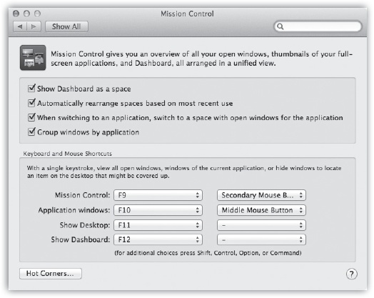 You can trigger Mission Control in any of five ways: by clicking its icon, with a finger gesture, by twitching your cursor into a certain corner of the screen (Hot Corners), by pressing a key (bottom half of this box), or by clicking the extra buttons on a multibutton mouse (lower right), including Apple’s Mighty Mouse. Of course, there’s nothing to stop you from setting up all of these ways, so you can press or swipe in some situations and twitch or click in others.