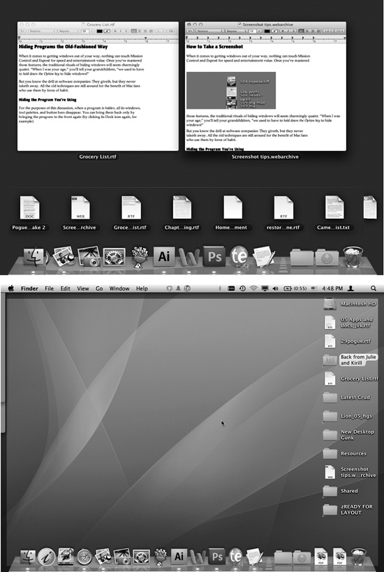 Top: When you trigger one-app Exposé, you get a clear shot at any window in the current program (TextEdit, in this example). In the meantime, the rest of your screen attractively dims. In model Apple apps, like TextEdit and Preview, you even get a little row of icons at the bottom. They represent recently opened files, ready for clicking.Bottom: Trigger desktop Exposé when you need to duck back to the desktop for a quick administrative chore. Here’s your chance to find a file, throw something away, eject a disk, or whatever, without having to disturb your application windows.In either case, tap the same function key again to turn off Exposé. Or click one of the window edges, which you can see peeking out from all four edges of the screen.