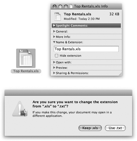 Top: In the Info window, open the Name & Extension pane. Now you can see what OS X really thinks your file is called. Turn “Hide extension” on if you’d rather not see the file name suffix in the Finder.Bottom: If you try to add a suffix of your own, OS X objects, in effect saying, “Hey—I’ve already got a file name extension for this, even if you can’t see it. Are you sure you know what you’re doing?” (And you can turn off this warning, if you like. Choose Finder→Preferences→Advanced pane. Turn off “Show warning before changing an extension.”)