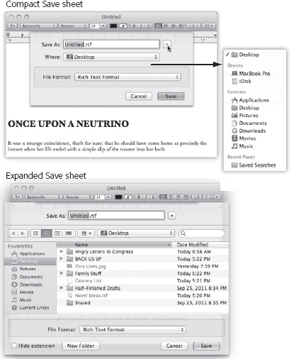 Top: The Save dialog box, or sheet, often appears in its compact form.Right (inset): If you open the Where popup menu, you’ll find that OS X lists all the places it thinks you might want to save your new document: on the hard drive, in a folder you’ve put into your Sidebar, or into a folder you’ve recently opened.Bottom: If you want to choose a different folder or create a new folder, click the button indicated by the cursor above to expand the dialog box. Here, you see the equivalent of the Finder—with a choice of icon, list, or column view. Even the Sidebar is here, complete with access to other disks on the network.Tip: In most programs, you can enlarge the Save or Open dialog box by dragging one of its edges. You can also adjust the width of the Sidebar by dragging its right edge.