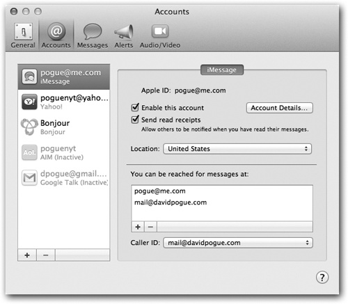 You have to specify an email address to anchor your iMessages life. You can specify more than one, actually (click the button under “You can be reached for messages at”). If you do that, you should also choose one that Messages will use as your return address (the “Caller ID” address).Turn on “Enable this account” to make it work. Turn on “Send read receipts” if you want your correspondents to know when you’ve read each of their messages.