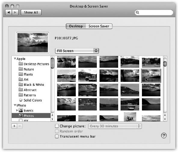 Using the list of picture sources at left, you can preview an entire folder of your own images before installing one as your new desktop picture. Use the button to select a folder of assorted graphics—or, if you’re an iPhoto veteran, click an iPhoto album name, as shown here. Clicking one of the thumbnails installs the corresponding picture on the desktop.