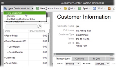 To create a new customer in the Customer Center, click New Customer & Job and then choose New Customer. To view a customerâs details and transactions, click the customerâs name in the Customers & Jobs list on the left side of this window. If the Transactions tab is selected instead of the Customers & Jobs tab, youâll see the New Customer feature on the Customer Center menu bar; clicking it opens the New Customer window immediately.