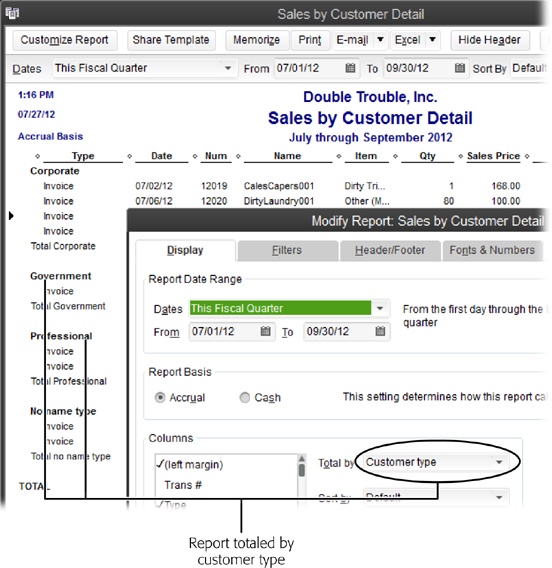 The Sales by Customer Detail report initially totals income by customer. To subtotal income by customer type (in this example, corporate, government, professional, and so on), click Customize Report in the report windowâs button bar. On the Display tab of the dialog box that appears, choose âCustomer typeâ in the âTotal byâ drop-down list (circled), and then click OK.
