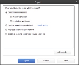 The Export dialog box that appears is already set up to create a new spreadsheet. Click the Export button, and youâll be looking at you customer or Vendor List in Excel in mere seconds. If youâd rather give QuickBooks more guidance on creating the spreadsheet, click the Advanced button and then adjust options like AutoFit (which sets the column width so you can see all your data) before clicking Export.