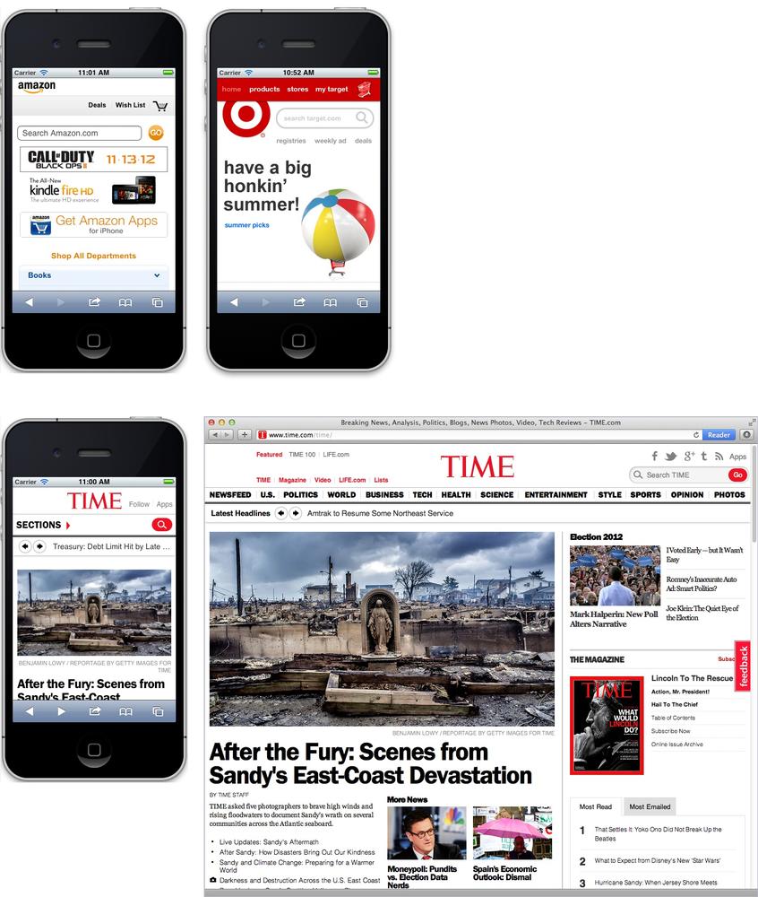 Many large companies, like Amazon and Target, create mobile versions of their sites, optimized for display on handheld devices like the iPhone (top). Fortunately, using responsive web design techniques, you can craft one HTML file that displays differently on different-width devices (bottom). On a phone, the page may appear as one long column, while in a desktop browser, the same page takes advantage of the wider screen to include multiple columns and larger photos.