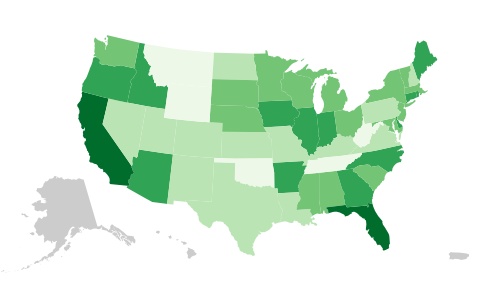 A choropleth map showing agricultural productivity by state
