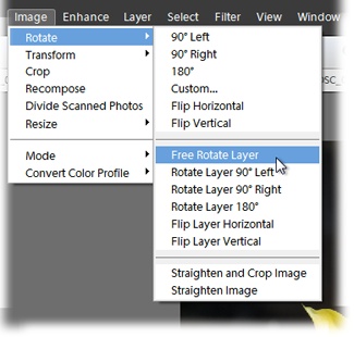 In a Missing Manual, when you see a phrase like “Image→Rotate→Free Rotate Layer,” that’s a quicker way of saying, “Go to the menu bar, click Image, slide down to Rotate, and then, from the pop-up menu, choose Free Rotate Layer.”