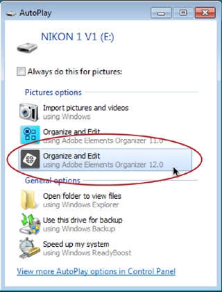 Adobe’s Photo Downloader is yet another program you get when you install Elements. Its job is to pull photos from your camera (or other storage device) into the Organizer. To use the Downloader in Windows Vista, 7, or 8, just click “Organize and Edit using Adobe Elements Organizer 12.0” (circled) when this AutoPlay dialog box appears. (If you use Windows XP, you’ll see a dialog box with similar options.)On a Mac, you launch the Downloader from the Organizer by going to File→“Get Photos and Videos”→“From Camera or Card Reader.”After the Downloader does its thing, you end up in the Organizer.