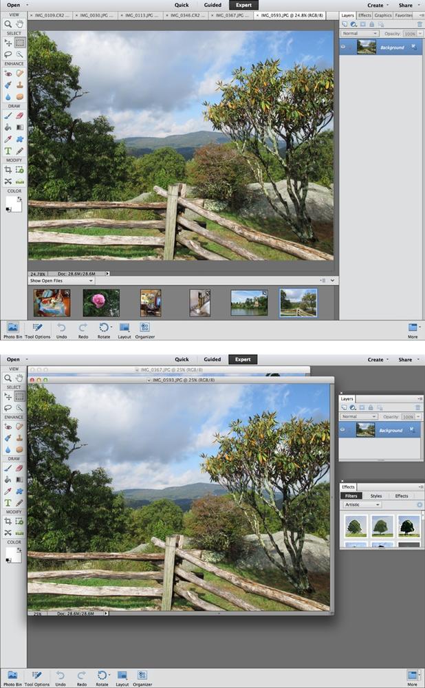 Two different ways of working with the same images, panels, and tools. You can use any arrangement that suits you. (These figures show the Mac version of Elements, in which the main menu bar is up at the top of the screen, out of the picture here. In Windows, it sticks to the top of the workspace.)Top: The panels in the standard Custom Workspace arrangement, with the images in tabs.Bottom: This figure shows how you can customize your panels. The images here are in floating windows, and the Tool Options/Photo Bin is hidden. There’s no Panel Bin, either, since all the panels are floating.