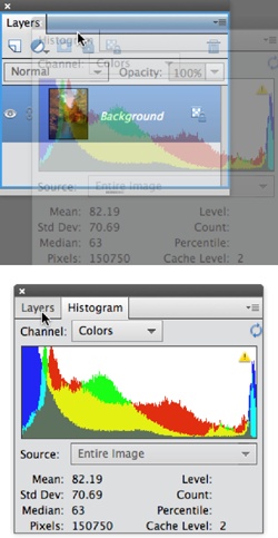 You can combine two or more panels once you’ve dragged them out of the Panel Bin.Top: Here, the Histogram panel is being combined with the Layers panel. To perform this technique, drag both panels out of the Panel Bin, and then drag one of them (by clicking the tab at the top of the panel) onto the other. When the panel you’re dragging becomes ghosted and you see the blue outline shown here, let go of your mouse button to combine them.Bottom: To switch from one panel to another after they’re grouped, just click the tab of the one you want to use. Here you see the mouse ready to click the Layers panel’s tab to switch over to it from the Histogram panel. To remove a panel from a group, simply drag its tab out of the group. To return everything to how it looked when you first entered the Custom Workspace, go to Window→Reset Panels.