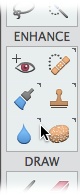When you put your cursor over a section of the toolbox that has subtools nested with the visible tools, you see these minute arrows next to the tool icons. Here, for example, you can see that all the tools in the Enhance section except the Red Eye tool have more tools grouped with them. Unlike in old versions of Elements, you can’t right-click a tool’s icon or hold the mouse down to see the subtools; but you can cycle through all the tools that share a slot by Alt-clicking/Option-clicking the icon repeatedly, or just looking in the Tool Options area at the bottom of the Elements window.Incidentally, whether or not you see the category names (like the Enhance and Draw labels shown here) depends on your screen resolution. If your screen is so short that the Tools panel would be cut off if the names were displayed, Elements just doesn’t show them.