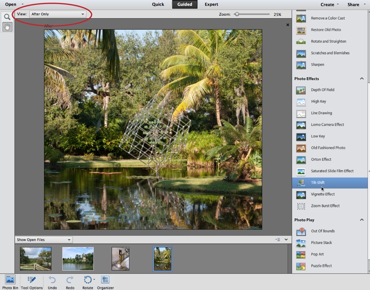 Guided Edit gives you step-by-step help with basic photo editing. Just use the tools that appear in the right-hand panel once you choose an activity.As with Quick Fix, you can change to a Before & After by using the View menu (circled) to select the one you want.