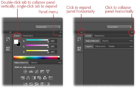 Here you can see the difference between expanded panels (left) and collapsed panels (right). Double-click a panel’s tab to collapse it vertically, rolling it up like a window shade; single-click the tab again to expand the panel.You can also collapse a panel horizontally by clicking the right-pointing double arrows in its top right (circled, right), at which point it turns into a small button. To expand one of these buttons back into a panel, just click the left-pointing double arrows circled here (circled, middle).