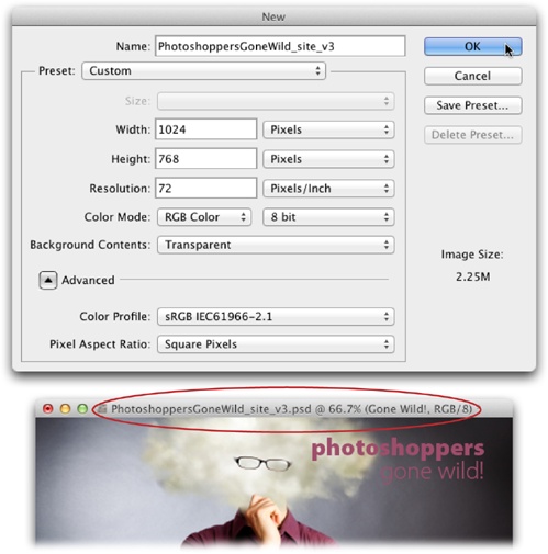 The New dialog box (top) is where life begins for any Photoshop file you make from scratch. The settings here let you pick, among other things, the document’s size, resolution, and color mode, all of which affect the quality and size of the image. You’ll learn more about these options in the following pages.Whatever you enter in the Name box appears in the document’s title bar (circled, bottom).