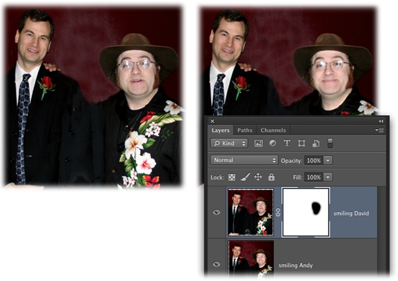 The Auto-Align Layers command is great for merging a few imperfect shots into one perfect image (or at least one where each subject is smiling). To do that, combine the images into one document and place the non-smiling layer (left) atop the smiling layer (right). Then run the Auto-Align layers command. Finally, add a layer mask to the top layer and then paint the non-smile away with a black brush so your smiling pal shows through!