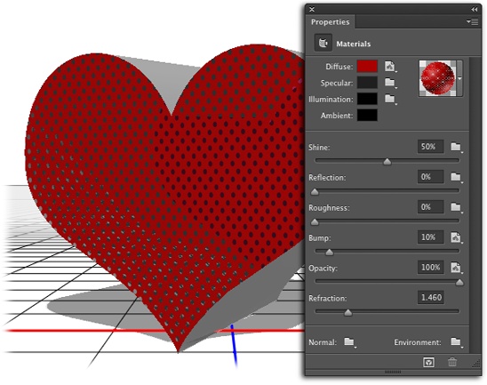 This heart is much more interesting with one of the Fun Textured materials applied to it. To see the name of each material, click the material thumbnail (the ball) to show a list of materials, and then put your cursor over one of them (without clicking). To see all the names at once, click the gear icon in the upper-right corner of the list of materials, and then change the view to either Text Only, Small List, or Large List.