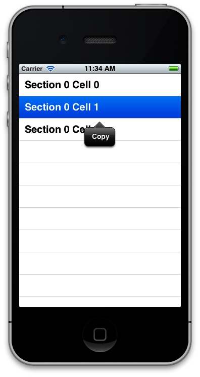 The Copy action displayed inside a context menu on a table view cell