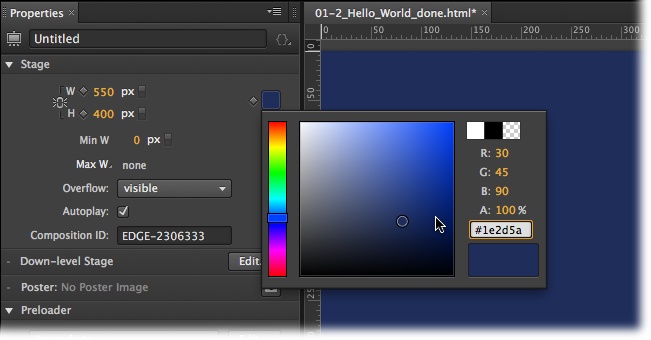 Animate uses the RGB (red-green-blue) color space used by most computer monitors and TV sets. The A stands for Alpha channel and controls opacity/transparency. The color picker lets you specify colors by pointing and clicking or typing in numbers.