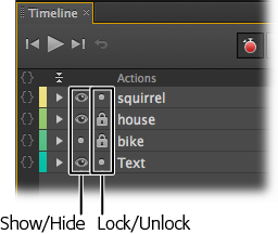 The elements part of the timeline is very busy with buttons and toggles. Many of these controls duplicate controls elsewhere. For example, the show/hide and lock/unlock buttons work exactly as they do in the main Elements panel.