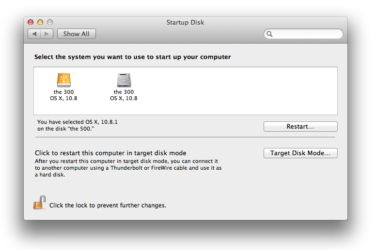Use the Startup Disk preference pane to make certain that the backup disk is bootable. Note that there are now two drives named âthe 300.â You can tell them apart by their different icons: the one on the left (the backup) is a USB drive, and the one on the right (the original) is a hard drive.