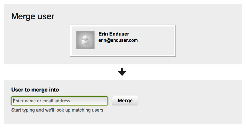 Screen to merge user accounts: source is on the top and target is on the bottom