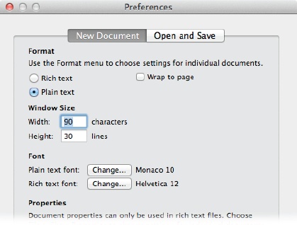 You can get to the TextEdit preferences via the Preferences menu, or by using the shortcut combination â-period. In the Preferences box, youâve got lots of options, but the text format and font used for plain text are the most important for now.