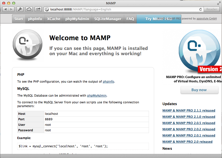 The MAMP start page is your first and best source for all things PHP, MySQL, and web server on your local installation of these programs. In this case, it displays the MySQL root password, which youâll needâ¦a lot!