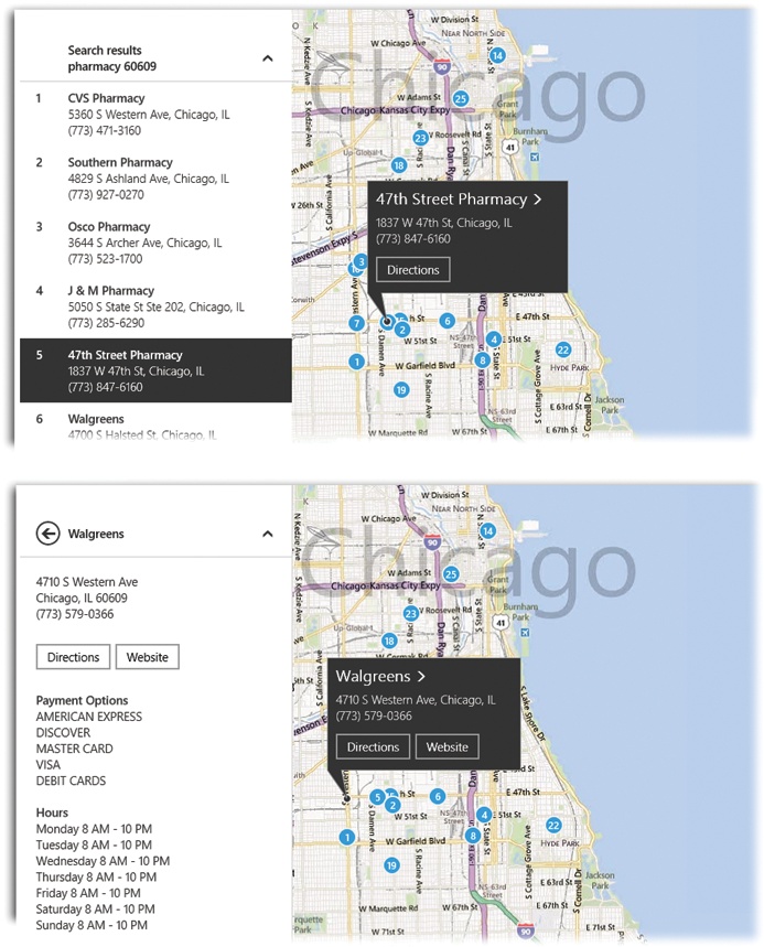 Top: When you search for something, Maps shows you all the results as blue dots, and as corresponding listings at left.Bottom: When you tap the > button on a search result, Maps turns into a full-blown Yellow Pages. It shows you the name, address, phone number, ratings, and other information about the business you’ve selected. Clearly labeled buttons take you to its Web site—or give you directions from your current location.