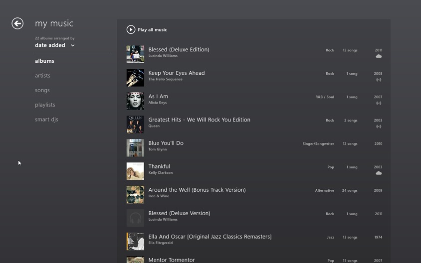 The complete list of your music. You can sort it by tapping the criteria at left—albums, artists, songs, and so on. The icon marks a song that Microsoft sees you own, and therefore it can offer its own online copy for playback on any gadget; the WiFi icon means you’ve bookmarked a streaming song that lives only in Microsoft’s collection online.