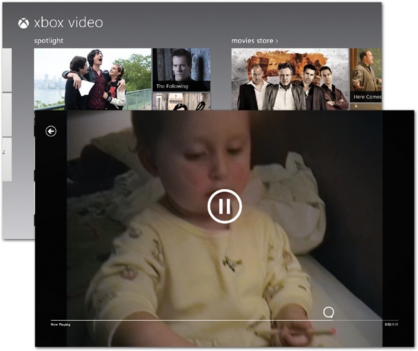 Exactly as in the Xbox Music app, the Xbox Video app is basically a billboard for stuff Microsoft thinks you might want to buy; the Search command is, as always, waiting in the Charms bar if you want to find some particular movie or show to watch. When you choose one of your videos, it opens full screen and begins to play. The only controls are the huge Play/Pause button and the scrollbar; both fade away after a couple of seconds. Move the mouse to bring them back. You can also use the space bar to start or stop playback.