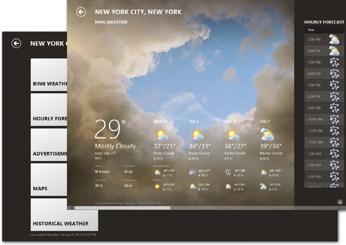 Top: The pages of the Weather app scroll horizontally, just like many of the other built-in TileWorld apps.Bottom: If you pinch to zoom out (what Microsoft calls “semantic zoom”), you get the table of contents shown here.
