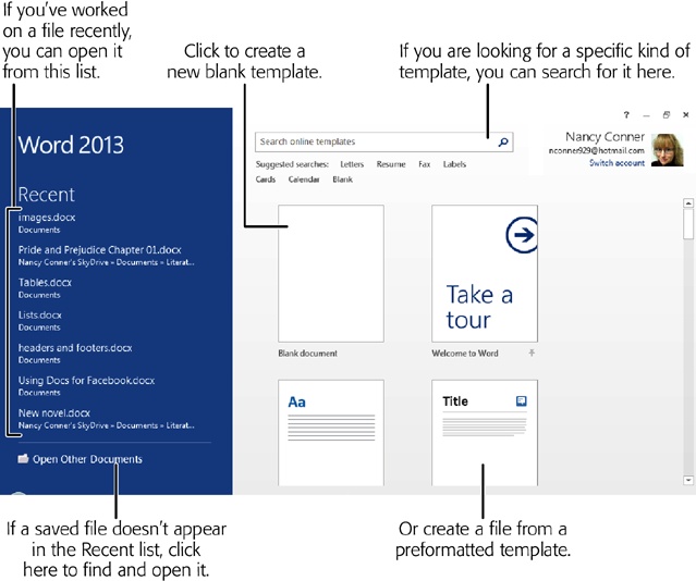 The Start screen, shown here in Word, lets you get right to work, whether you’re opening a recent file or creating a new one.