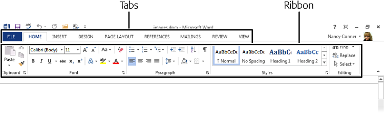 The ribbon in Word. Click any tab, and the ribbon displays commands related to that tab. The Home tab (shown here) gathers together some of the most common actions, keeping them easy to find.