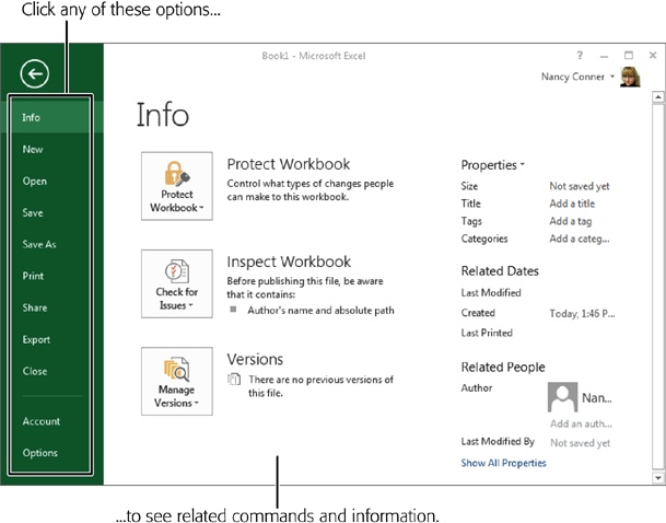 Backstage is the control center for your Office file. (This example shows an Excel workbook.) When you choose an option from the left-hand menu, the main part of the page changes to show you commands related to your choice.