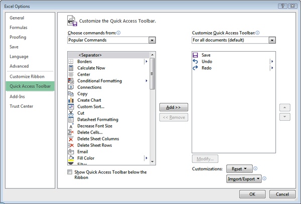The left-hand list shows commands that you can add to the Quick Access toolbar, and the right-hand list shows items that currently appear there.