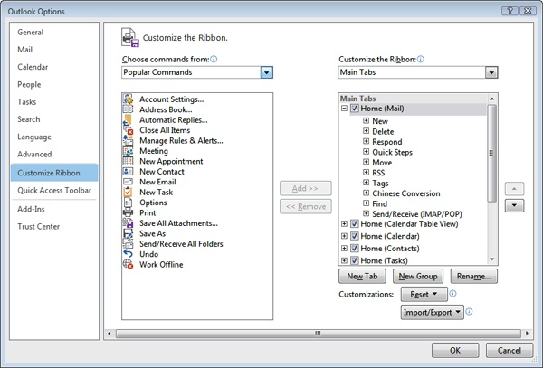 A program’s ribbon tabs (here, they’re for Outlook) appear in the right-hand list. To show or hide a tab, turn its checkbox on or off. To add a button to a tab, select the button you want from the left-hand list of commands and then select the tab where you want it to appear. Click Add, and then use the up and down arrows to the right of the tabs list to position the new button on the tab.