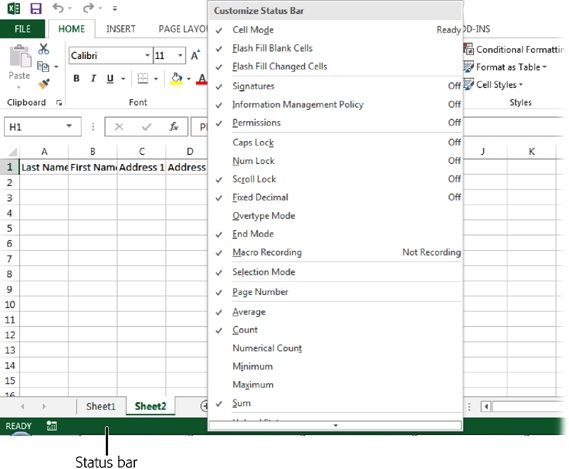 Right-click the status bar to see a menu of options for what the status bar displays. Many of these options aren’t just FYI—they’re also buttons. In Excel, for example, you can click the lower-left Macro button to open the Record Macro box and create a macro.