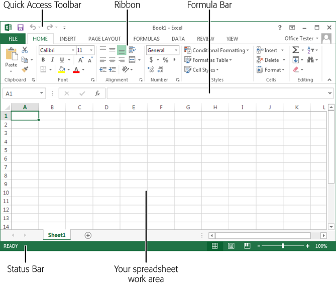 The largest part of the Excel window is the worksheet grid, where you type in your information.
