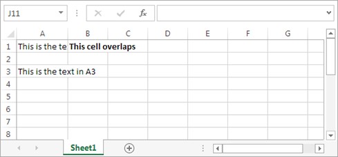 Overlapping cells can create big headaches. For example, if you type a large amount of text into A1 and then you type some text into B1, you see only part of A1âs data in your worksheet (as shown here). The rest is hidden from view. But if, say, A3 contains a large amount of text and B3 is empty, Excel displays the content in A3 over both columns, and you donât have a problem.