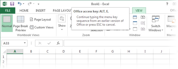 When you press Alt+E in Excel 2013, you trigger the âimaginaryâ Edit menu originally in Excel 2003 and earlier. You canât actually see the menu, because it doesnât exist in Excel 2013, but the tooltip lets you know that Excel is paying attention. You can now complete your action by pressing the next key for the menu command youâre nostalgic for.