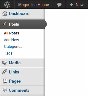 If you click the heading Posts, you actually go to the submenu item Posts→All Posts. And if you lose your bearings in the dashboard, just look for the bold, black text in the menu to find out where you are. In this example, that’s “All Posts” (though it’s harder to tell in a black-and-white book). The other entries, which correspond to pages you aren’t currently viewing, have blue text.