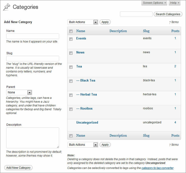 The Categories page includes a section on the left for adding new categories, and a detailed list of all your categories on the right. The categories list works in much the same way as the list of posts on the Posts page. Hover over a category that interests you, and you can choose to edit or delete it.