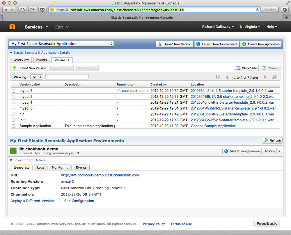 AWS console, with Elastic Beanstalk service selected