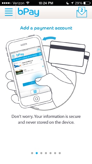 An onboarding screen from bPay (by Barclays Bank Delaware) that addresses how users’ financial information is secured when they add cards to the service