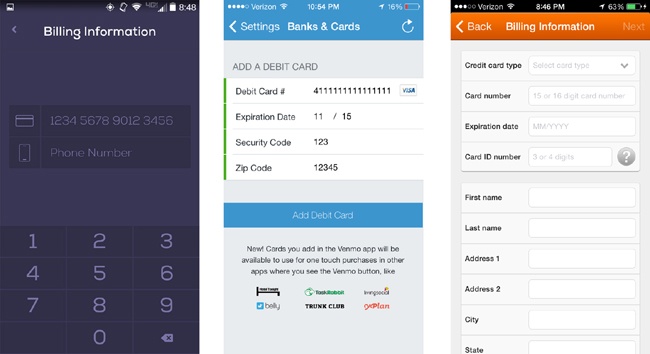 Adding a card with a form should be as efficient as possible, as Cover (left) and Venmo (center) have done; avoid unnecessary data entry, as seen in the Dunkin Donuts app (right)
