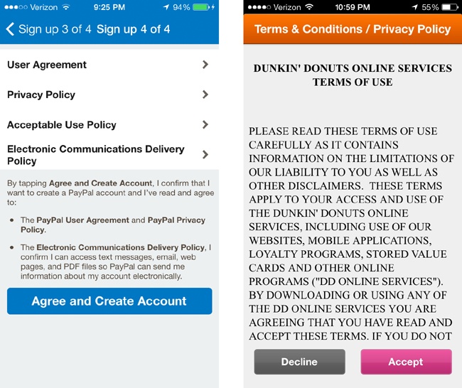 Two treatments for the display of Terms of Use statements and privacy policies: PayPal (left), which is thoughtfully organized, and Dunkin Donuts (right), which is not especially easy to read