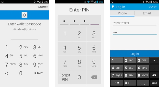 Comparison of PIN screens; from left to right: Coinbase, Isis, and PayPal